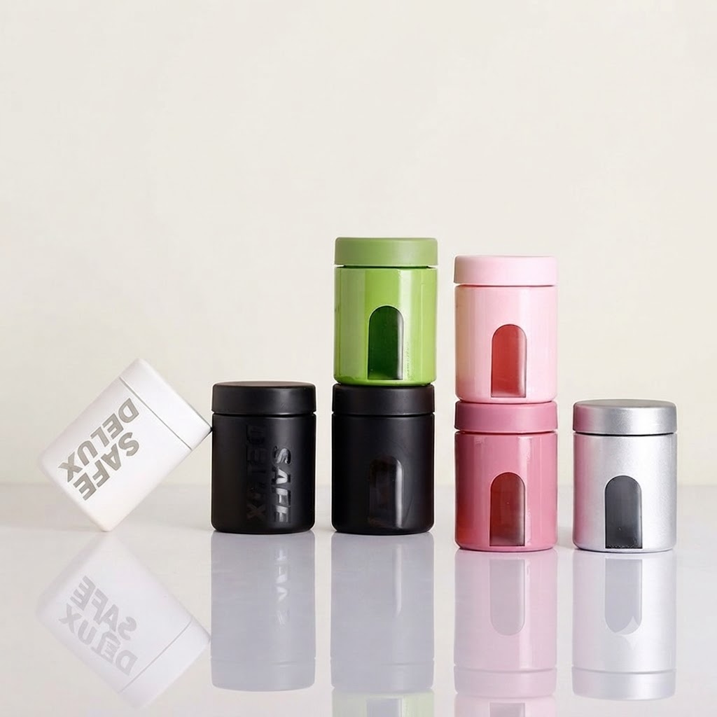 Child-Resistant Glass Storage Jar with Viewing Window and Push-and-Turn Lid