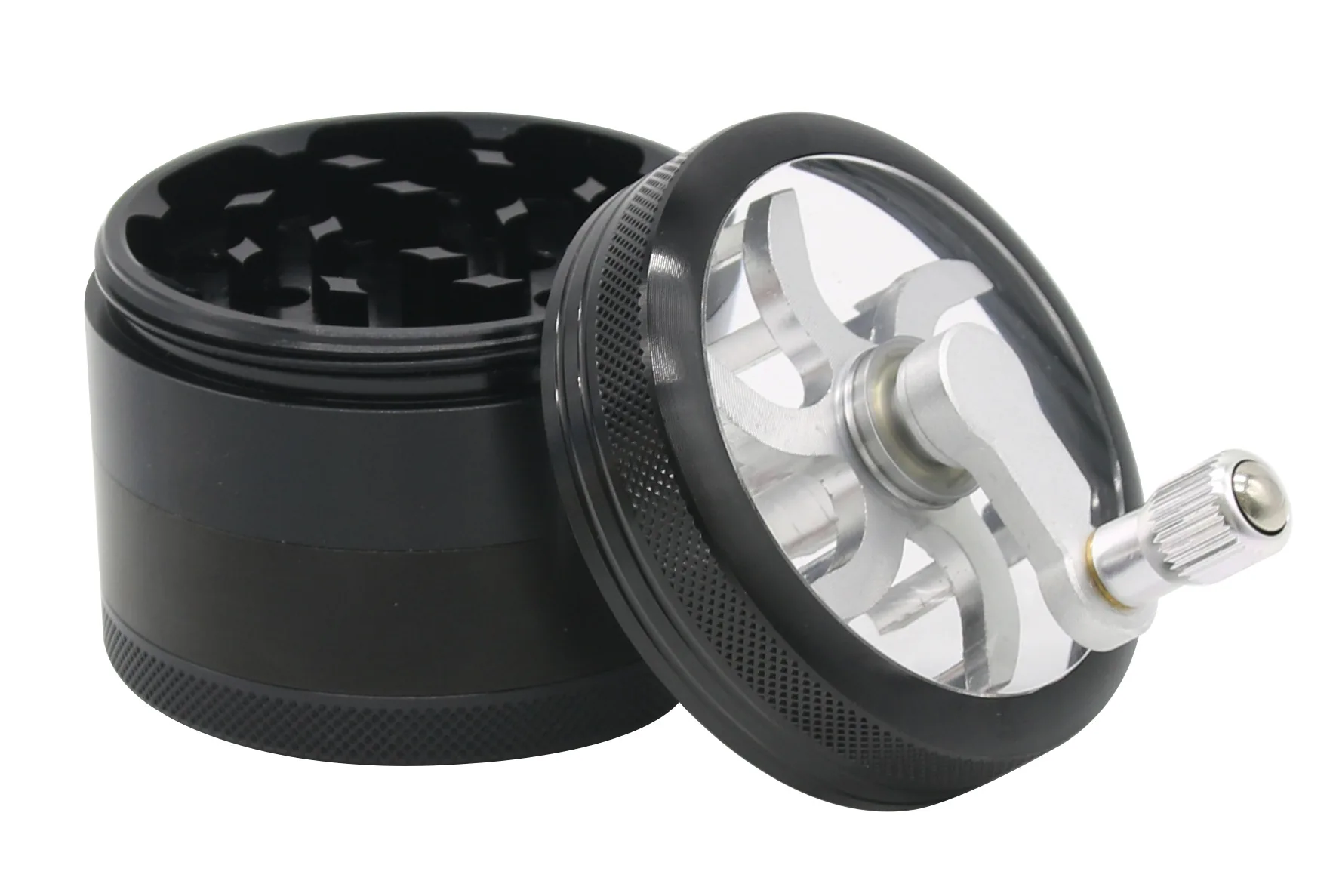 4-Layer Aluminum Hand-Crank Herb Grinder, 63 mm