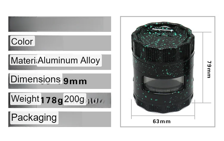 Concave 3-Piece Aluminum Herb Grinder with Removable Screen, 63 mm - Product detail