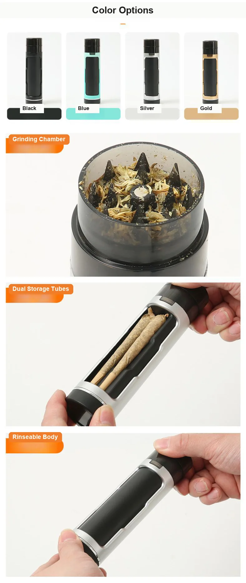Dual-tube grinder colors, grinding chamber, storage tubes, and rinseable body
