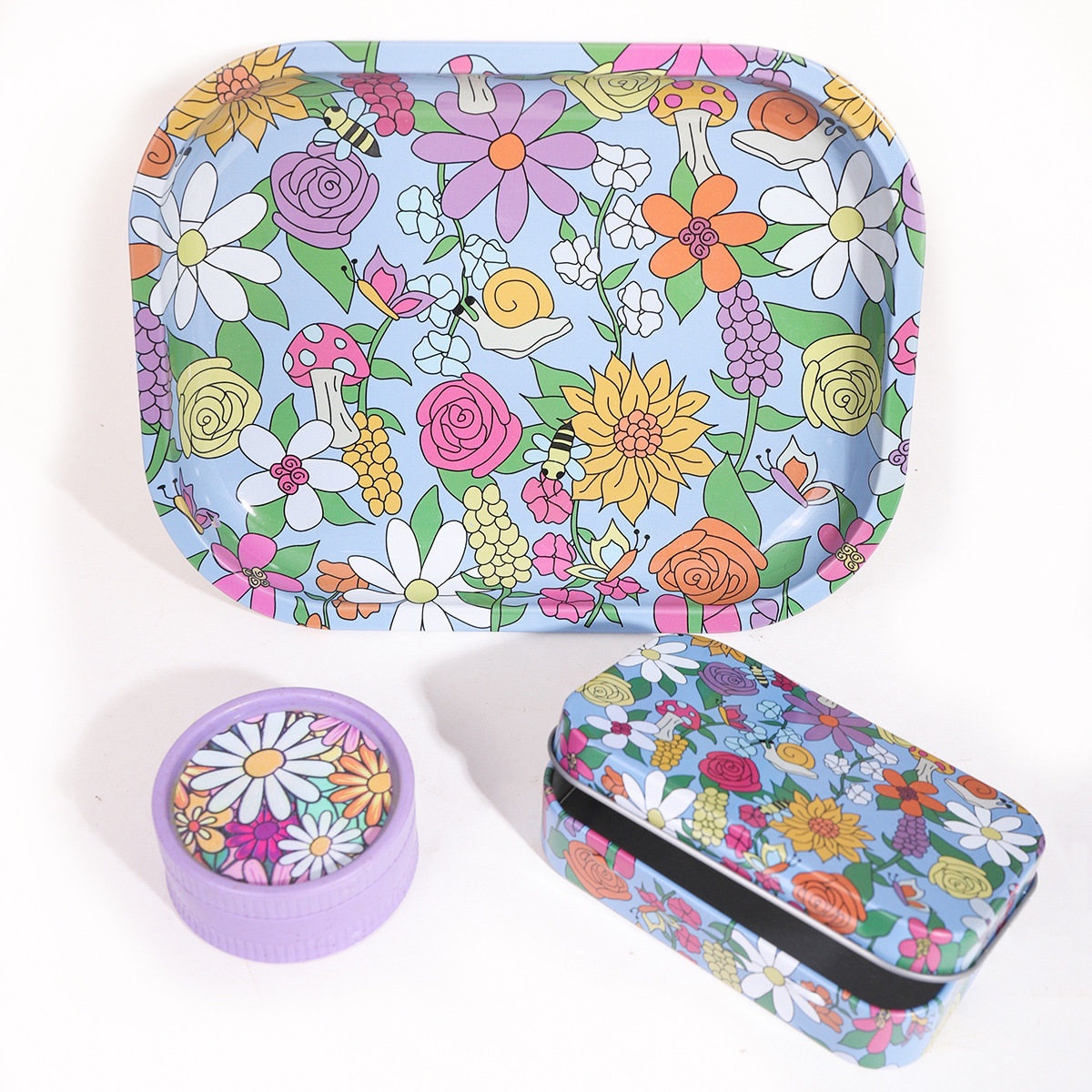 Three-Piece Rolling Tray, Grinder and Tin Set