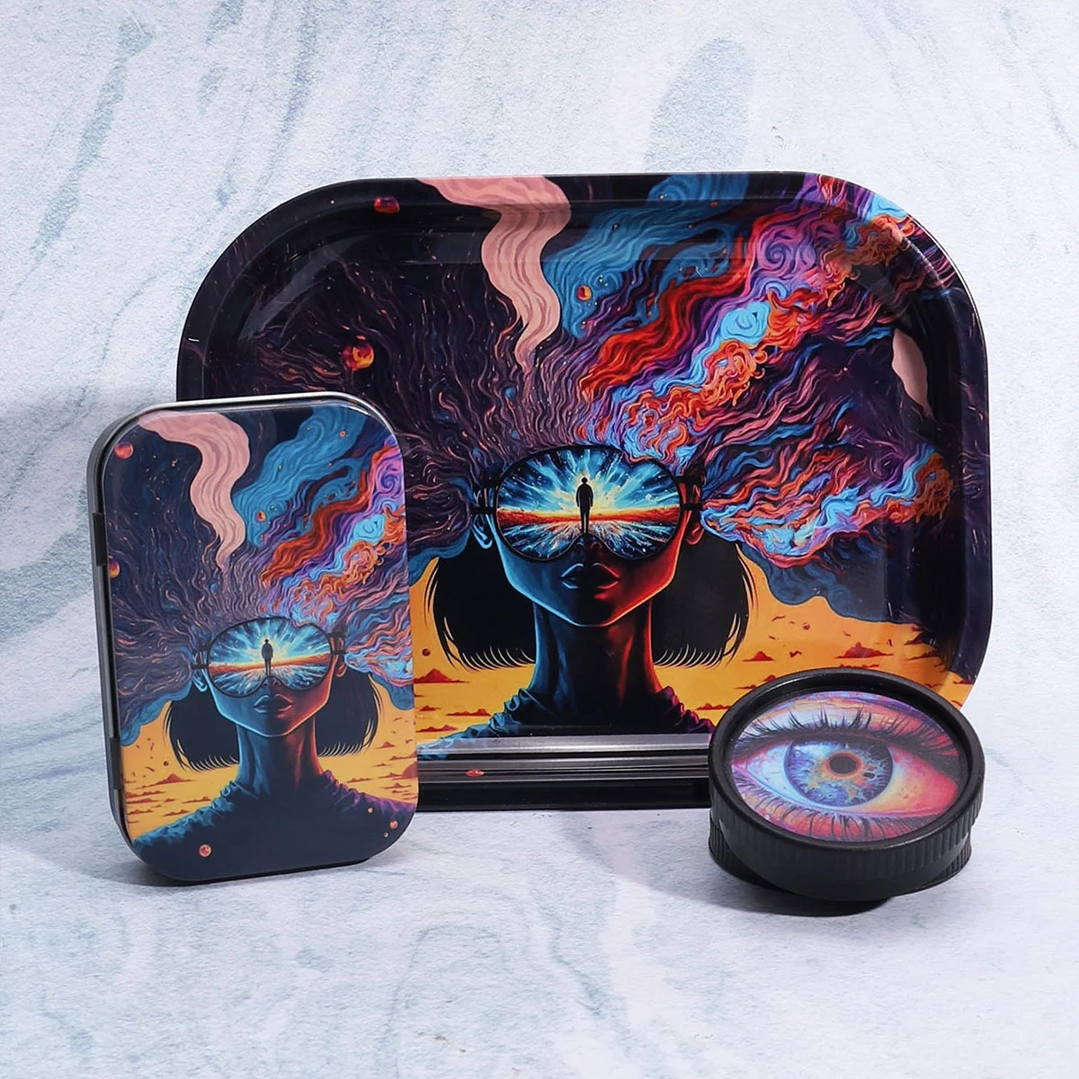 Three-Piece Rolling Tray, Grinder and Tin Set