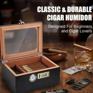 Moisture-Retaining Double-Layer Wooden Cigar Humidor with Clear Flip-Top Lid for Home Storage