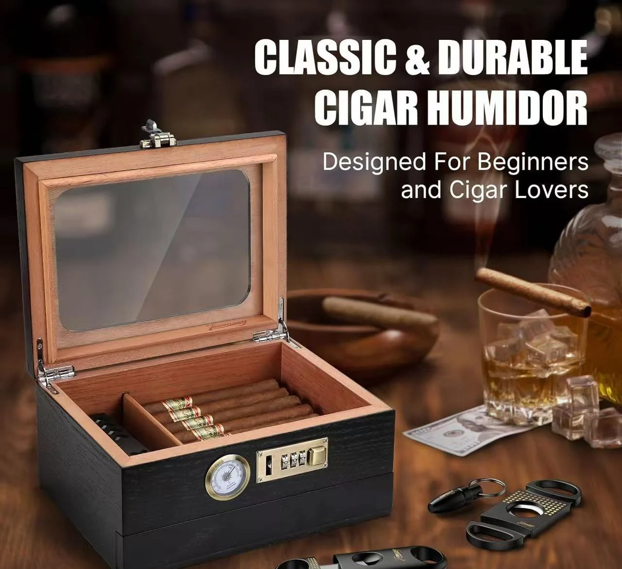 Moisture-Retaining Double-Layer Wooden Cigar Humidor with Clear Flip-Top Lid for Home Storage