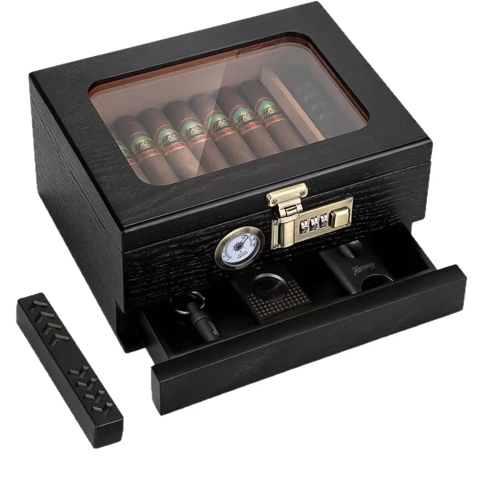 Moisture-Retaining Double-Layer Wooden Cigar Humidor with Clear Flip-Top Lid for Home Storage