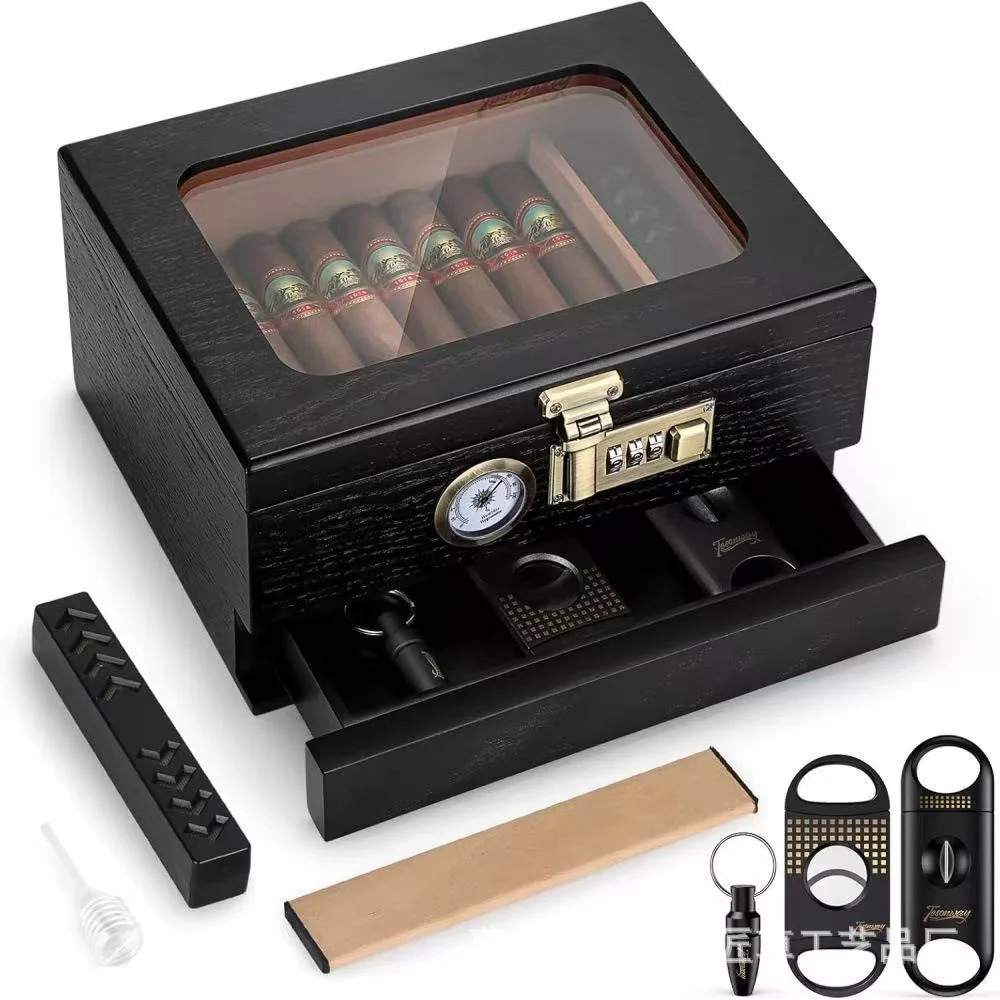 Moisture-Retaining Double-Layer Wooden Cigar Humidor with Clear Flip-Top Lid for Home Storage